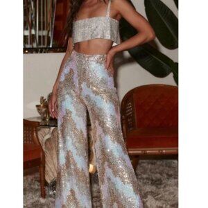12th Tribe Genevieve Ivory Multi Sequin Pants Size Medium - Gold Silver Pink